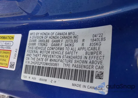 2022 Honda Civic Sedan Sport from USA, damaged, VIN 2HGFE2F53NH580861